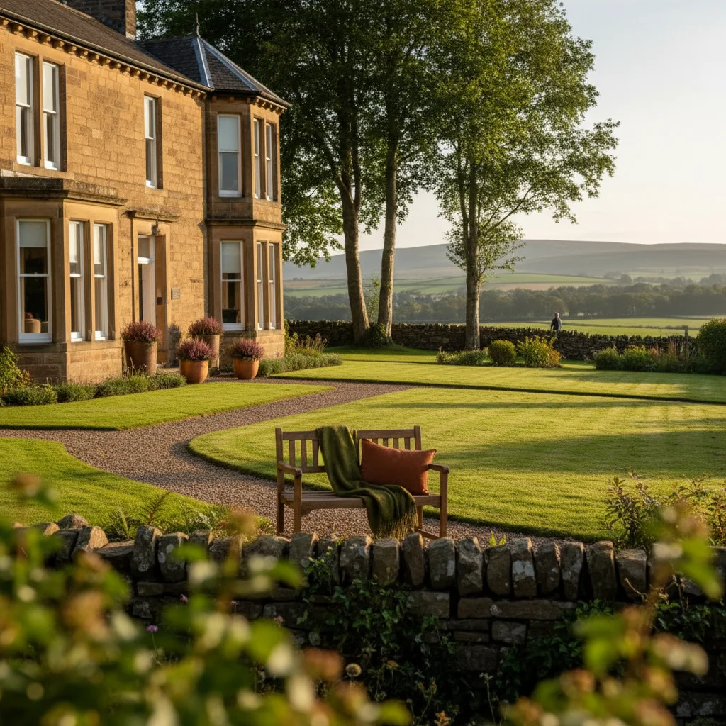 The gardens and stone frontage at Beechwood Place in Norton