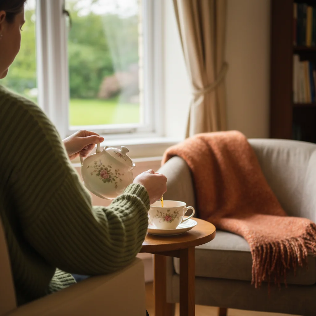 A carer's hands pouring tea in the day room at Beechwood Place
